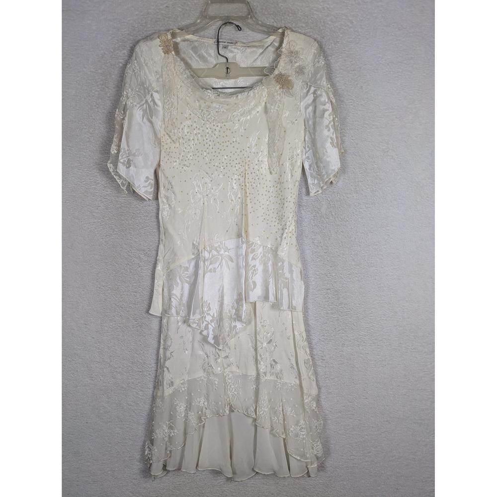 Spencer Alexis Skirt Set Women's 6 Cream Lace Sequin Floral Asymmetrical Ruffle